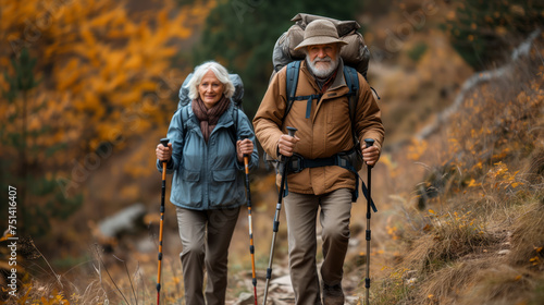 Two elderly people actively hiking in nature, enjoying an outdoor walk. Ai generative