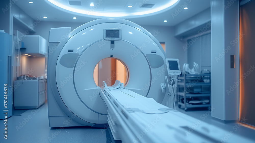 An MRI machine in a modern hospital environment with blue lighting and advanced medical equipment. Ai generative An MRI machine in a modern hospital environment with blue lighting and advanced medical equipment. Ai generative
