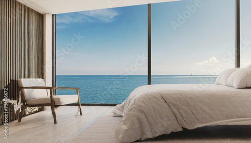 Minimalist bedroom background take view sea -3D render © netsay