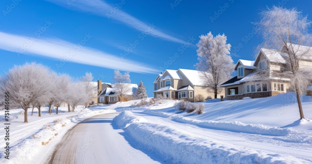 The Quiet Beauty of Snow-Blanketed Yards and Homes Along a Winter Road