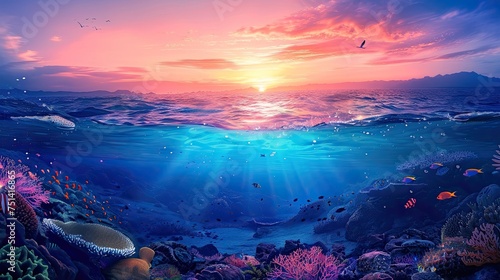 Long banner with underwater world and vivid sunset sky. Transparent deep water of the ocean or sea with rocks, fish and plants. AI Generated.