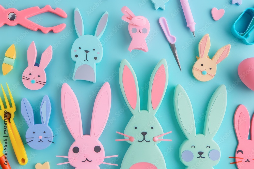 A Delightful Array of Bunny-Shaped Paper Punch Tools Laid Out on a Pastel Background, Perfect for Easter Crafting Projects A Delightful Array of Bunny-Shaped Paper Punch Tools Laid Out on a Pastel Background, Perfect for Easter Crafting Projects