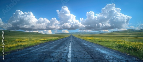 highway in the grassland background of blue sky and bright clouds