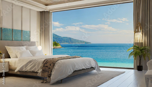 Minimalist bedroom background take view sea -3D render © netsay