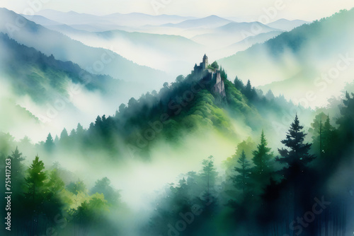 Beautiful landscape with fog in the mountains and forest. Natural background. Early morning mist © Anna