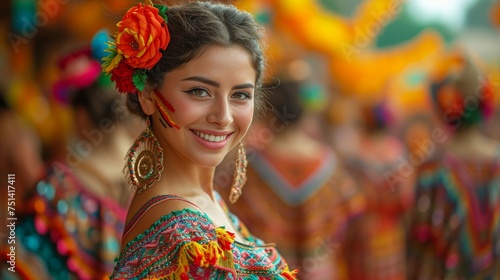 A smiling woman adorned in vibrant festival attire poses during a lively cultural event.