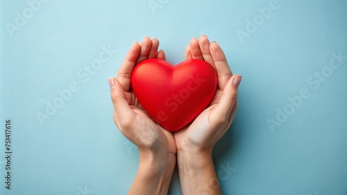 Female hands hold a red heart on a colorful background. The concept of love and health.