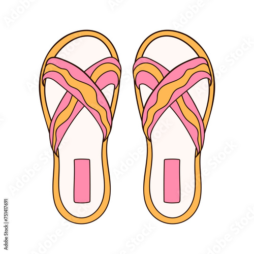Slipper with wave stripes yellow and pink color icon in flat style. Flip-flop female shoes for beach outline symbol. Vector illustration isolated on a white background.