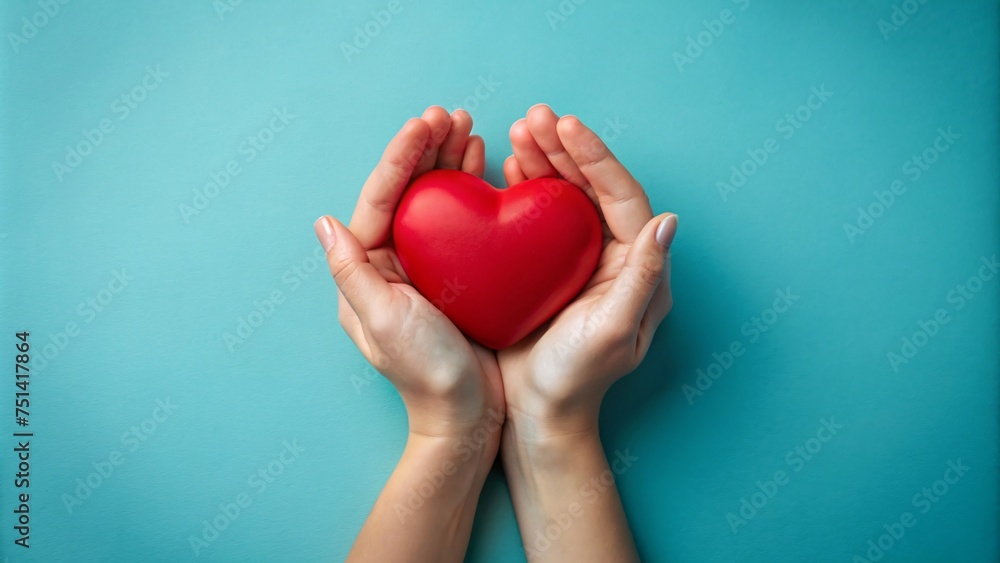 Fototapeta premium Female hands hold a red heart on a colorful background. The concept of love and health.