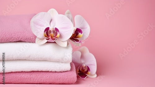 A Beautiful Orchid Enhancing the Calm of Folded Spa Towels on pink background