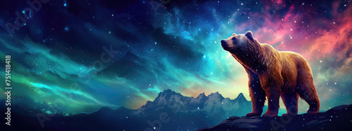Majestic bear superimposed on stunning space background, featuring colorful nebulae, shimmering stars, and cosmic dust clouds, creating a surreal and inspiring scene. 