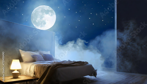 Bedroom with moonlight and smoke