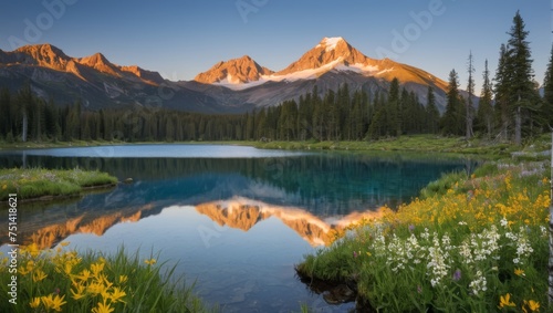 Tranquil mountain lake reflecting a sunset sky with snow-capped peaks and a foreground of wildflowers