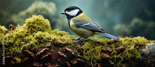 A Great Tit, scientifically known as Parus major, is perched on a branch covered in green moss. The birds vibrant colors contrast with the earthy tones of the moss, creating a natural scene. © pngking