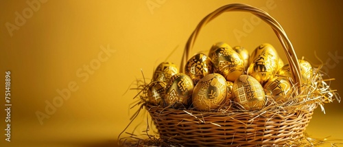 Easter basket adorned with gold eggs featuring patterns. isolated on yellow background.
