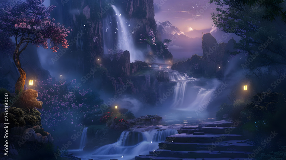 Magical Twilight Cascade: Enchanting Shot Illuminating Waterfall with Soft, Ambient Light