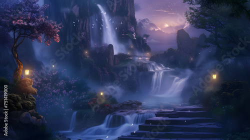 Magical Twilight Cascade: Enchanting Shot Illuminating Waterfall with Soft, Ambient Light © Awan