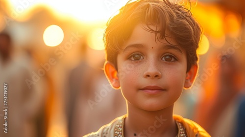 A child in traditional attire enjoys a vibrant festival as the sun sets, bathing the scene in a golden hue. © Виктория Лапина
