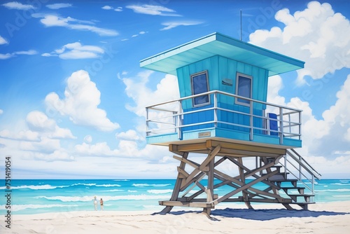 a blue lifeguard tower on a beach © White
