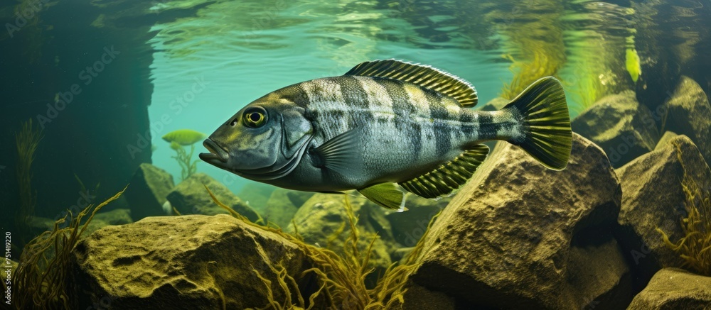 A green Archerfish is swimming in the lush tropical waters, lurking behind a rock wall with its compressed body ready to strike. Its mouth is agape, waiting to unleash its popular spinner attack on A green Archerfish is swimming in the lush tropical waters, lurking behind a rock wall with its compressed body ready to strike. Its mouth is agape, waiting to unleash its popular spinner attack on