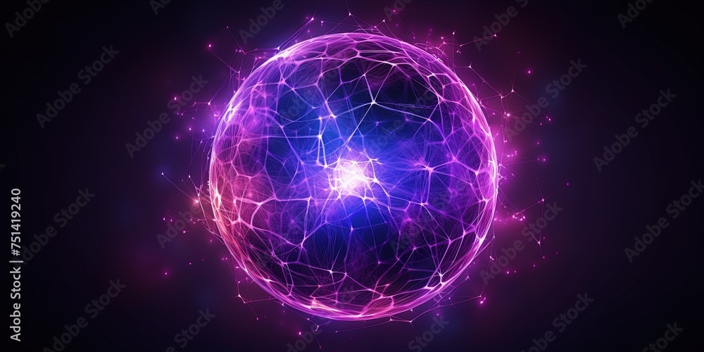 Highly detailed of a luminous purple sphere with an interconnected network on a dark background Highly detailed of a luminous purple sphere with an interconnected network on a dark background