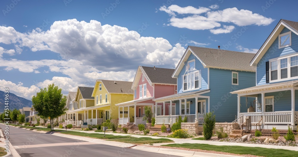 Row of houses under blue sky and puffy clouds. Beautiful pastel colored houses. The houses have white picket fences and view of the mountain Row of houses under blue sky and puffy clouds. Beautiful pastel colored houses. The houses have white picket fences and view of the mountain