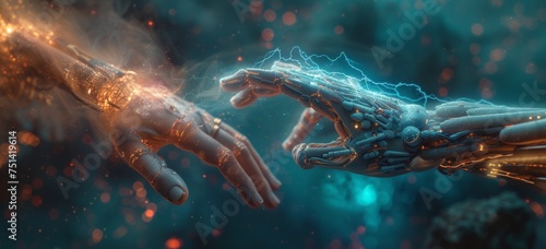 Person is touching one of the hands from AI, in the style of light sky-blue and teal, human connections, neo-academism, focus on joints/connections © Cheetose