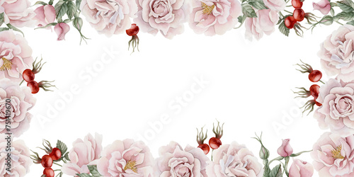 Horizontal frame of pink rose hip flowers, buds, leaves and berries. Victorian style rose. Floral watercolor illustration hand painted isolated on white background. Perfect for invitation, greeting ca