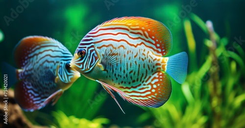 The Majestic Symphysodon Discus Swimming Gracefully in an Aquarium Against a Green Backdrop