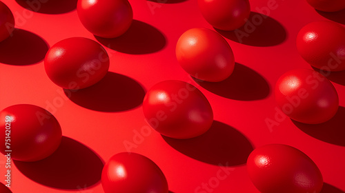 Red easter eggs composition. Pattern made of red Easter eggs on red background. Flat lay, top view, copy space, banner format.