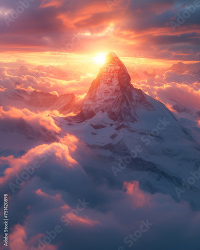 Aerial drone view of the Matterhorn, amazing sky evening colours sunset