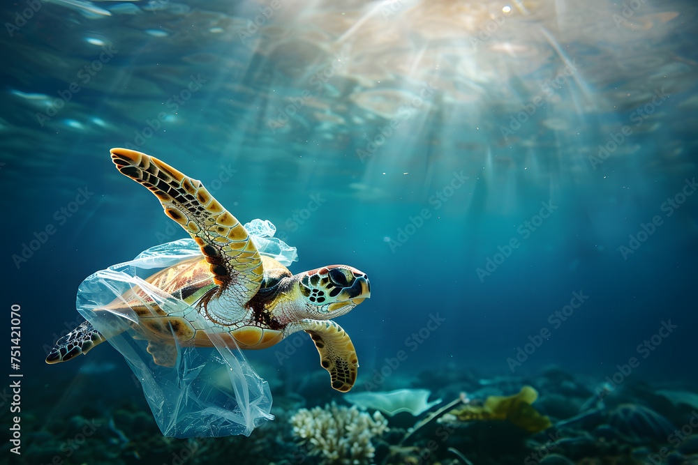 Obraz premium Plastic waste pollution underwater. Turtle under the sea next to a plastic bag