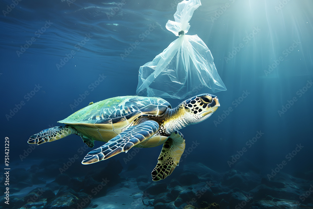 Plastic waste pollution underwater. Turtle under the sea next to a plastic bag Plastic waste pollution underwater. Turtle under the sea next to a plastic bag