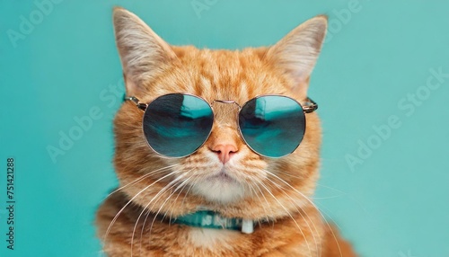 portrait of a cat with blue sunglasses