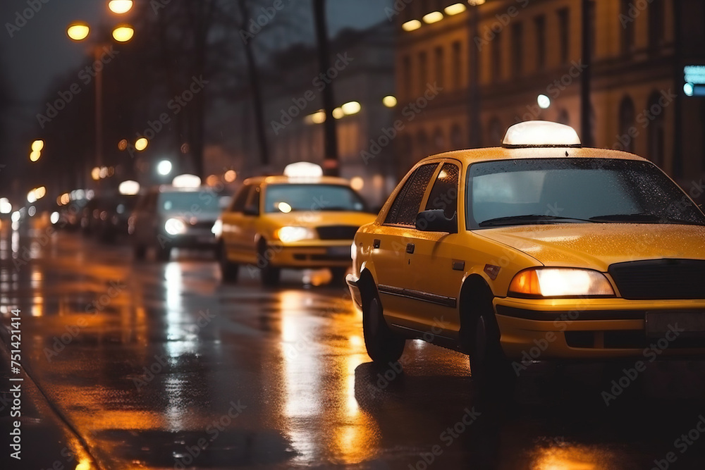 Yellow Taxi cars are driving down the Central City Street with a lightning taxi lamp on the roof Yellow Taxi cars are driving down the Central City Street with a lightning taxi lamp on the roof