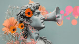 Artistic concep of ancient statue holding a megaphone on background full of flowers. An important announcement or delivering a message, a call to appreciate beauty, nature and art.
