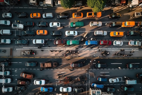 big traffic jam on a City Road with a lot of cars and buses top view from above