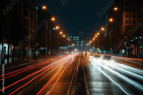 Headlights trails from public transport and cars in a modern big city at night © Ievgen Skrypko