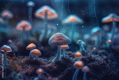 Neon illustration of magic mushrooms under the rain glowing at night in an enchanting forest