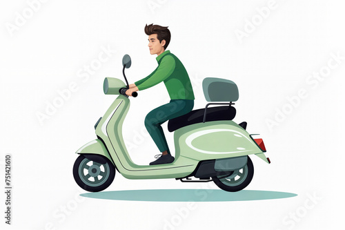 Young Man Riding a Light Green Scooter Illustration - Modern Urban Commute and Delivery Concept