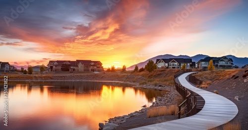 Scenic view of City Lake reflecting the golden sun in the horizon. An arched bridge crosses over the shiny lake overlooking homes and mountain