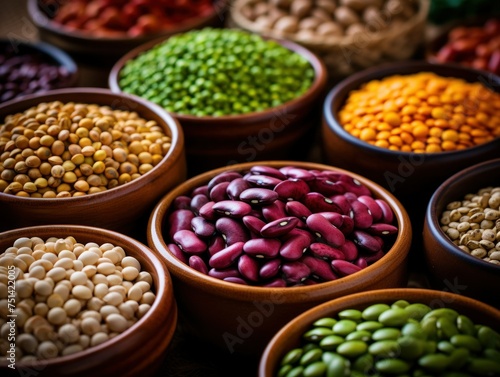 all types of legumes on plates on a dark background. beans, peas, chickpeas, lentils, protein, vitamins