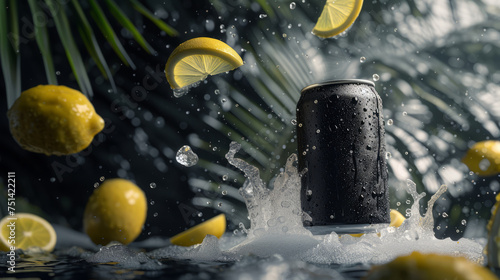normal black black slimline color drink can, hovering flying above the crystal clear black water beside a gorgeous palm leaf,wide lens and lemon photo