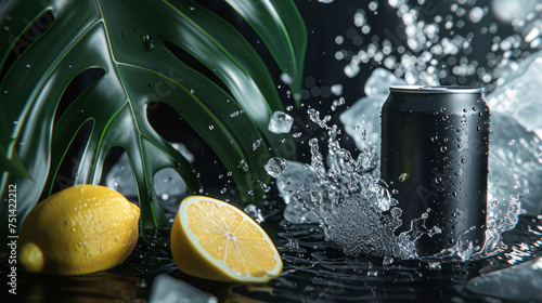 normal black black slimline color drink can, hovering flying above the crystal clear black water beside a gorgeous palm leaf,wide lens and lemon photo
