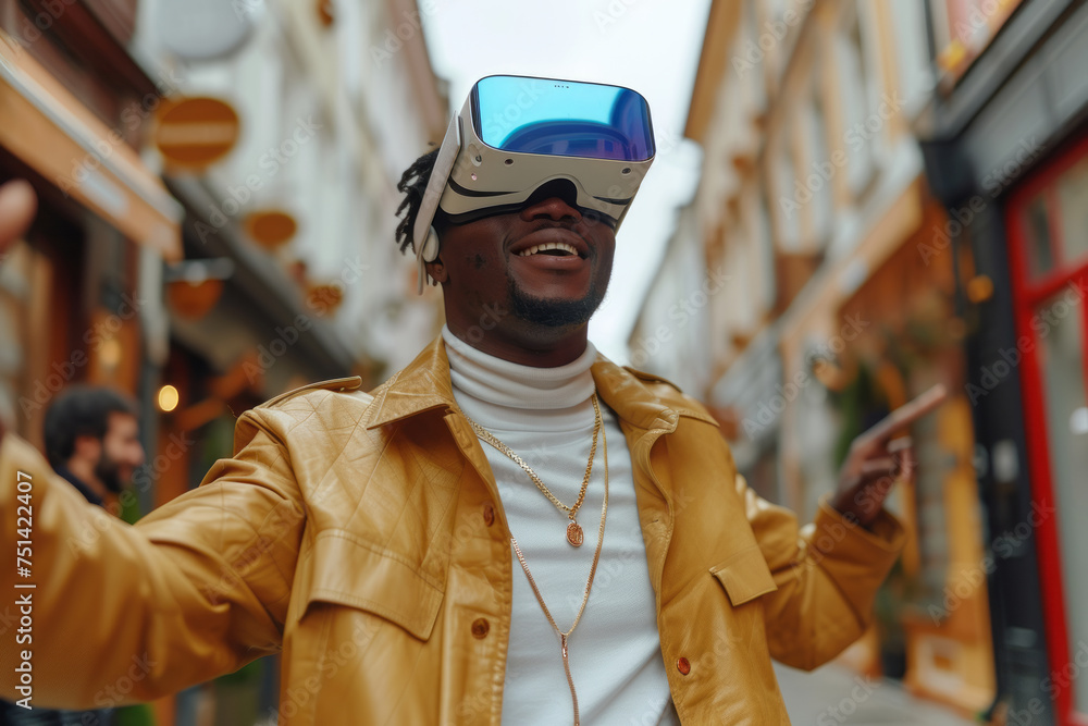 Very excited business young man using VR glasses, touching something invisible on Street walking in city and building background