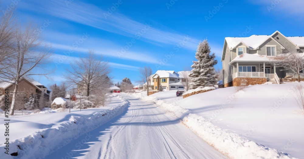 Obraz premium Winter's Embrace - Road along homes with snowy yards against blue sky on a scenic winter landscape
