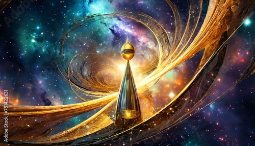space station in space, key of destiny set against a backdrop of an interstellar nebula revealing secrets of the cosmos
