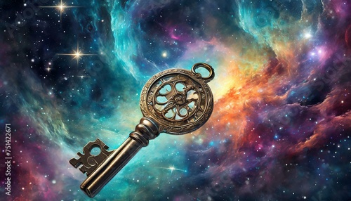 clock and clouds, key of destiny set against a backdrop of an interstellar nebula revealing secrets of the cosmos