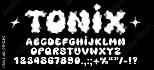 Y2K bubble balloon halftone font, retro toner grain and dot risograph textures, perfect for retro vintage-inspired designs and grunge nostalgia projects, isolated vector letters of English alphabet