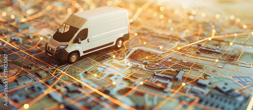 van transporting cargo model on urban city map. service delivery concept background photo
